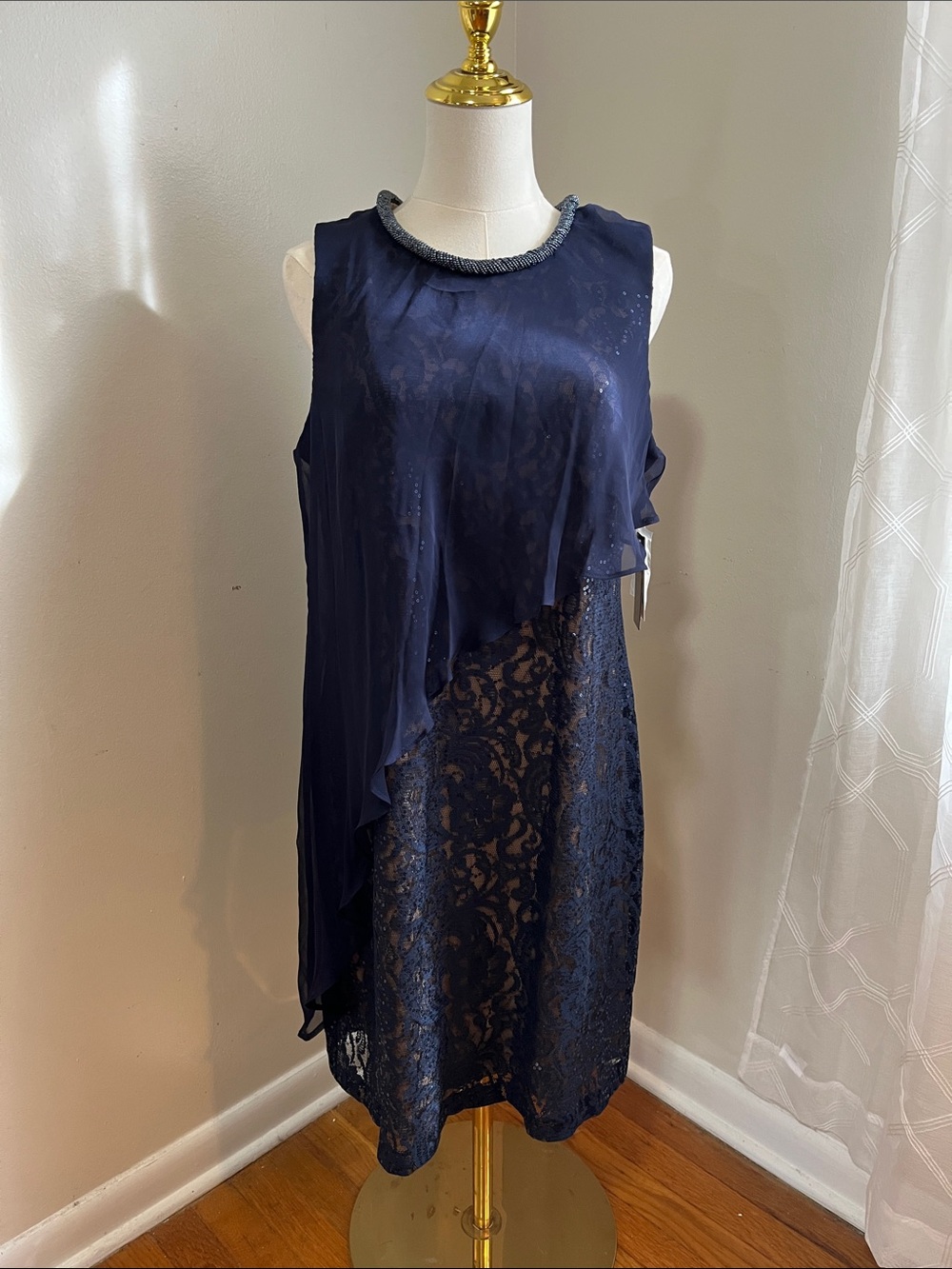 SLNY Navy Lace & Chiffon Overlay Midi Dress